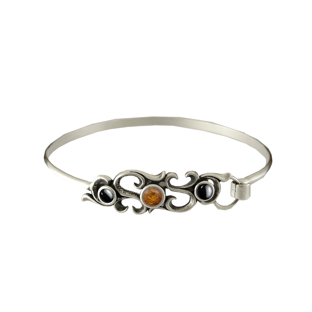 Sterling Silver Victorian Strap Latch Spring Hook Bangle Bracelet with Amber And Hematite